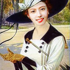 Vintage-inspired illustration of elegant woman in wide-brimmed hat, pearl necklace, and gloves.
