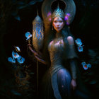 Elaborately horned female figure in golden armor with staff amidst blue lights