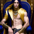 Stylized figure in blue and gold with intricate jewelry on ornate throne