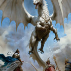 White dragon confronts knights in battle under cloudy sky