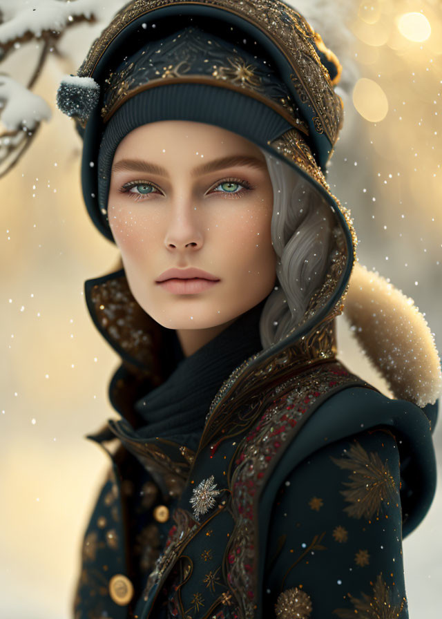 Green-eyed person in winter coat and beanie, snowflakes and golden bokeh.
