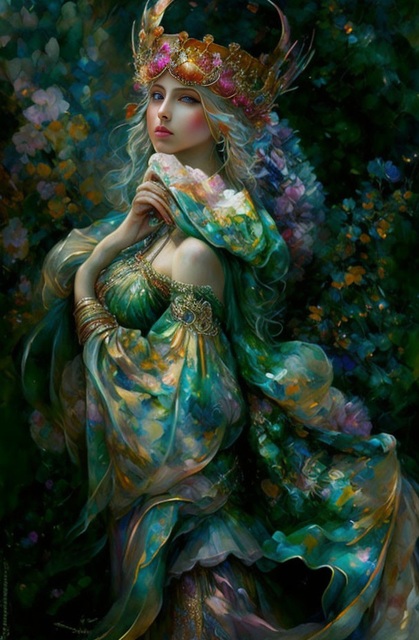 Majestic Woman in Intricate Crown and Green Gown in Mystical Forest