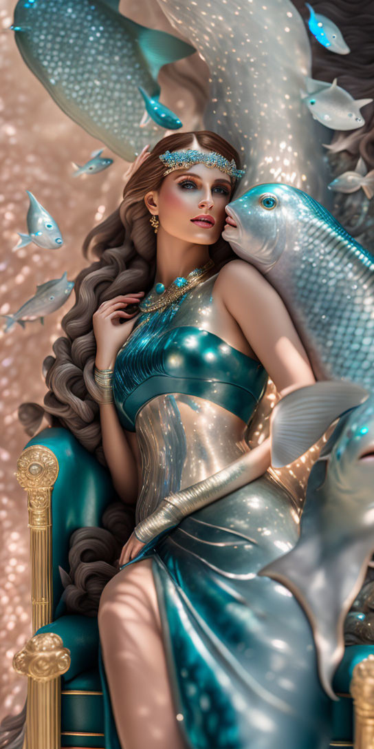 Mermaid-themed woman with long wavy hair in turquoise outfit surrounded by fish and bubbles
