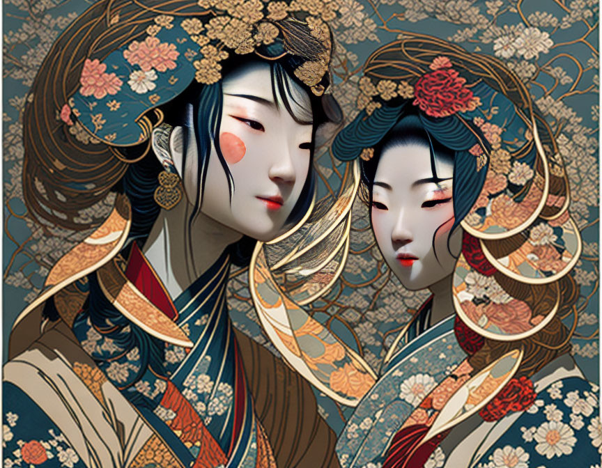 Illustrated Geishas in Elaborate Kimonos and Hairstyles
