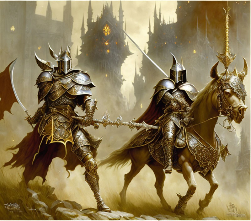 Armored knights on horseback with lance near ominous castle