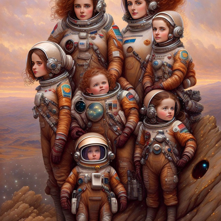 Stylized characters in detailed astronaut suits on rocky terrain
