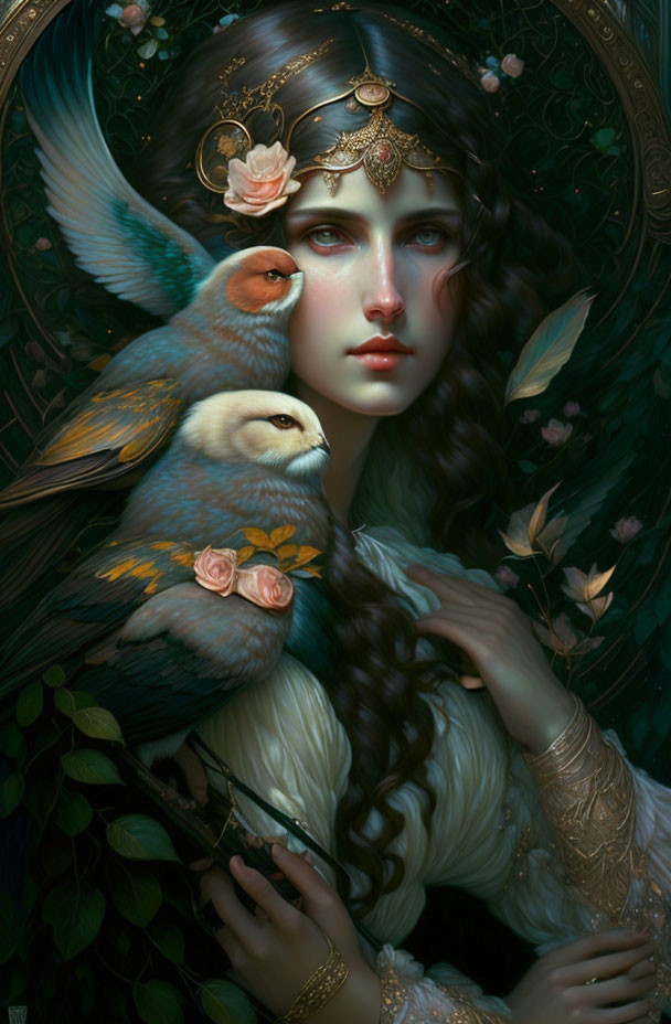 Mystical woman with ornate headpiece and serene expression, accompanied by blue bird and lush green