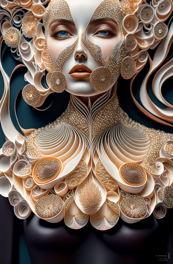 Ethereal woman with ornate paper textures in beige and white tones