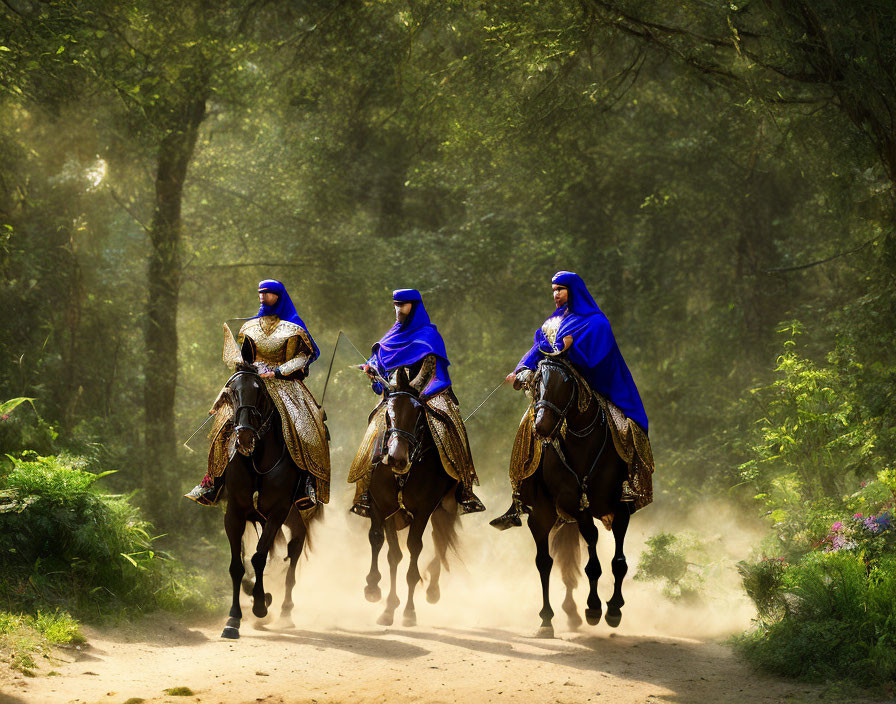 Three People in Blue Robes Riding Horses Through Sunlit Forest