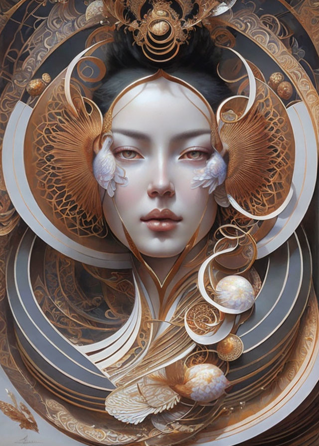 Digital Artwork: Woman with Pale Skin and Dark Hair in Ornate Golden Headgear