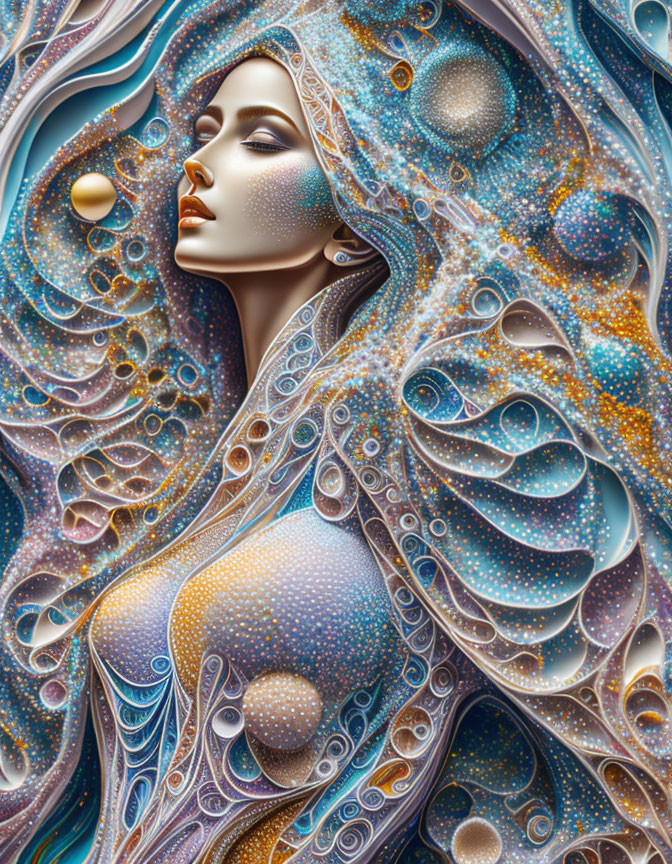 Surreal digital artwork: Woman's face merges with abstract blue, white, and orange patterns