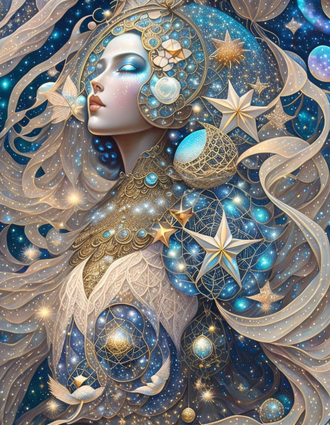Illustration of celestial woman with star-adorned hair and cosmic patterns