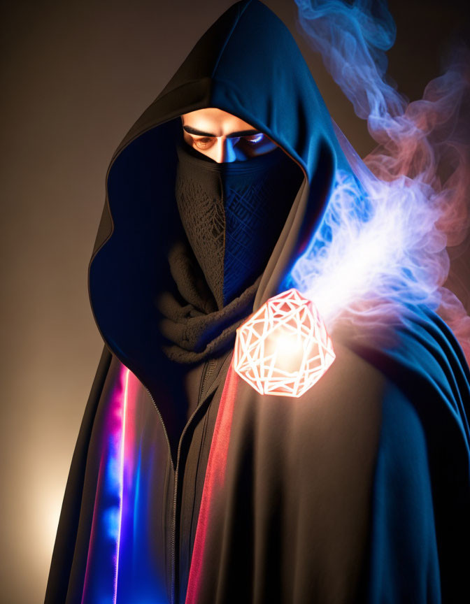 Cloaked figure with glowing geometric orb and neon light trails