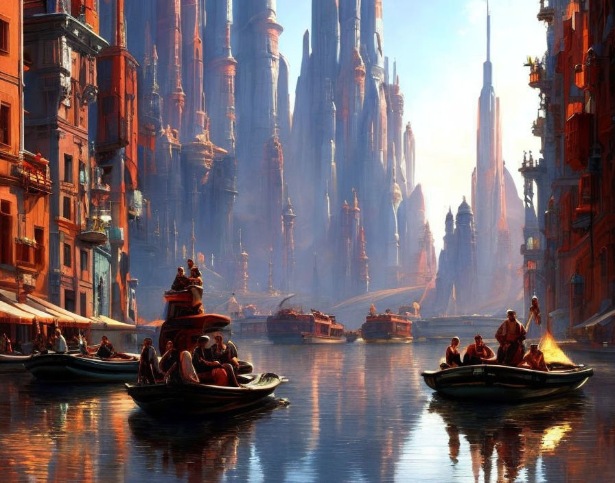 Futuristic canal city with gondolas and skyscrapers at sunset