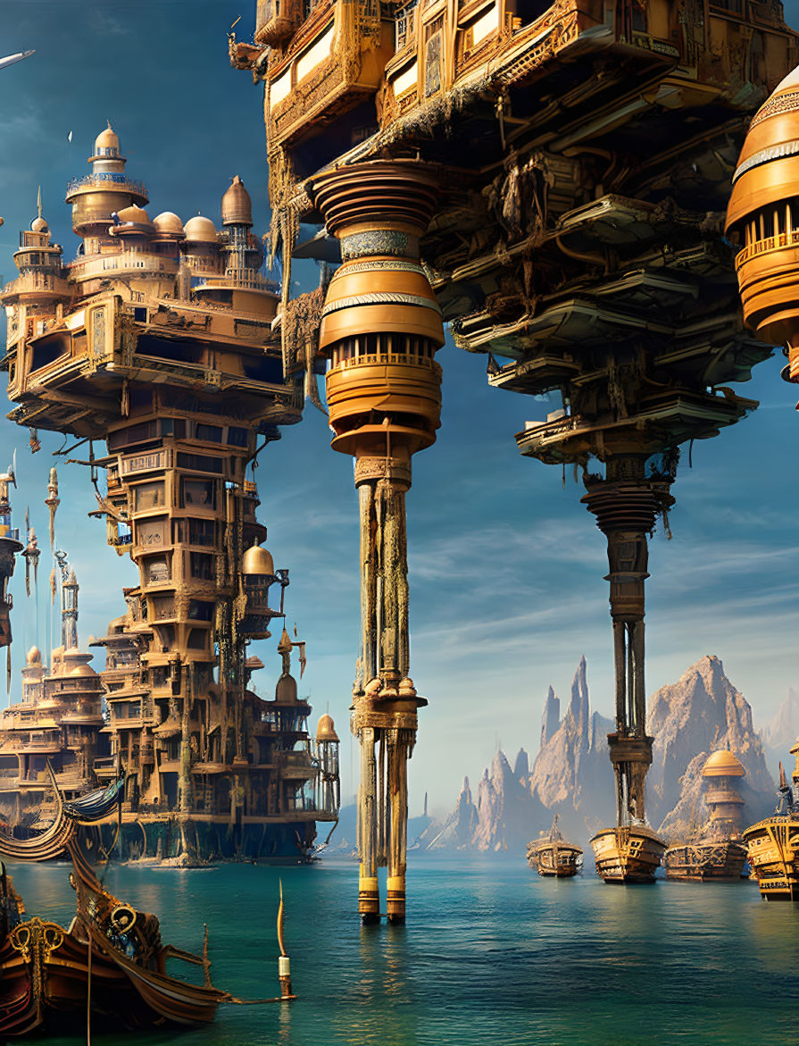 Majestic floating city with towering structures above serene sea
