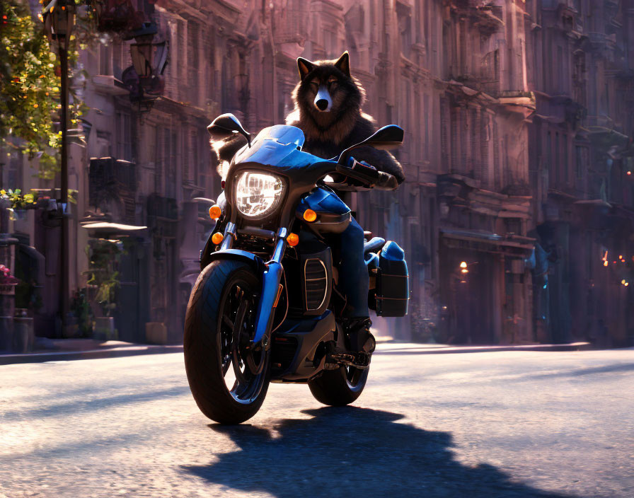 A wolf ， by a motorcycle in the city