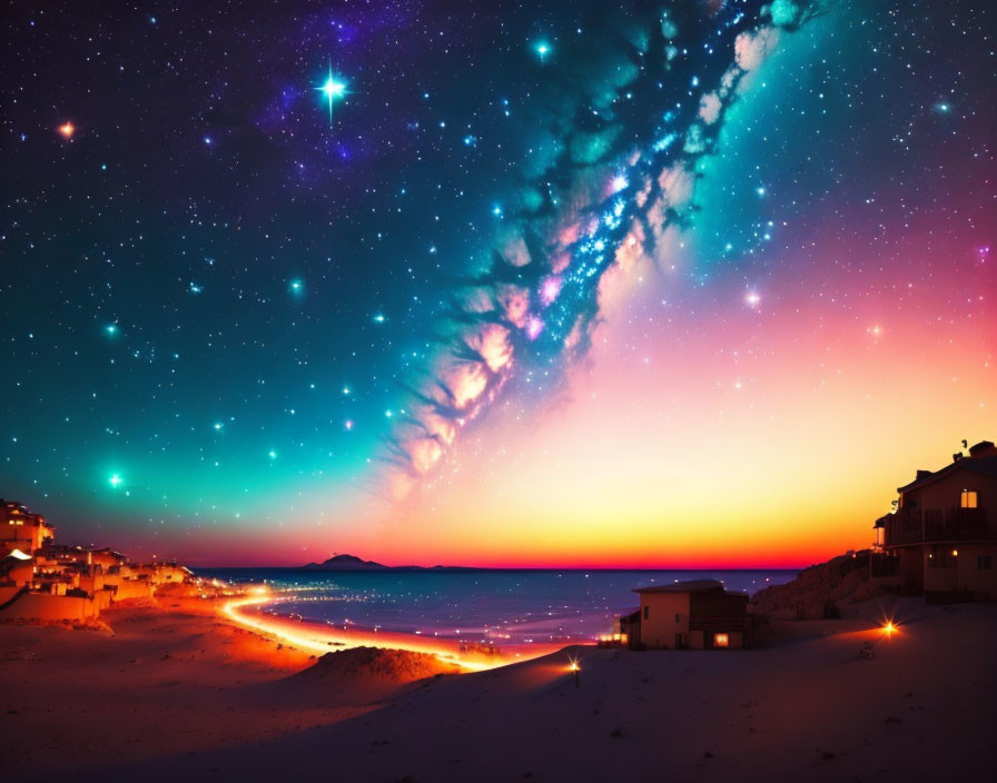 Colorful nightscape with galaxy above coastal road and houses.