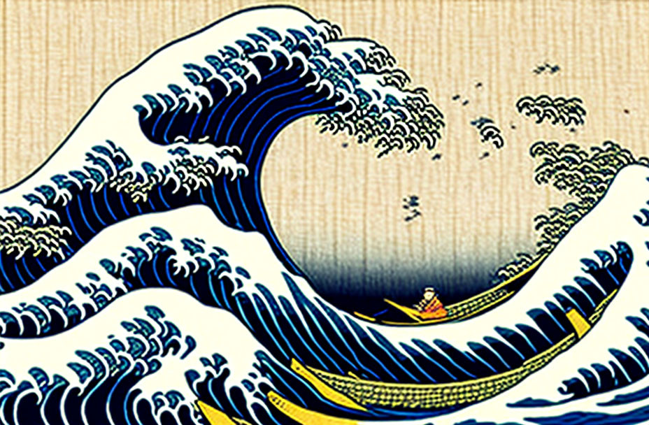 Blue wave with foam patterns and boat on beige background