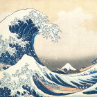 Blue wave with foam patterns and boat on beige background