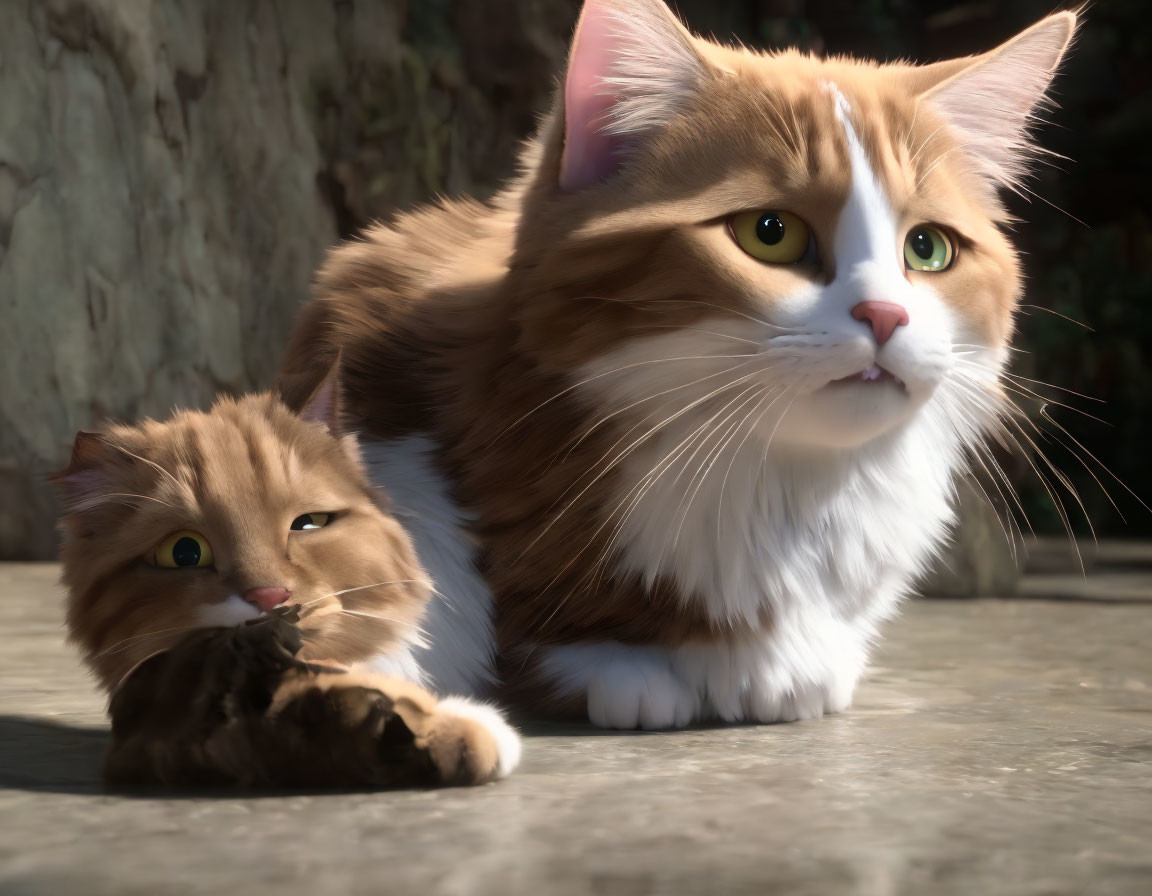 Realistic CGI orange and white cats with green eyes on stone surface