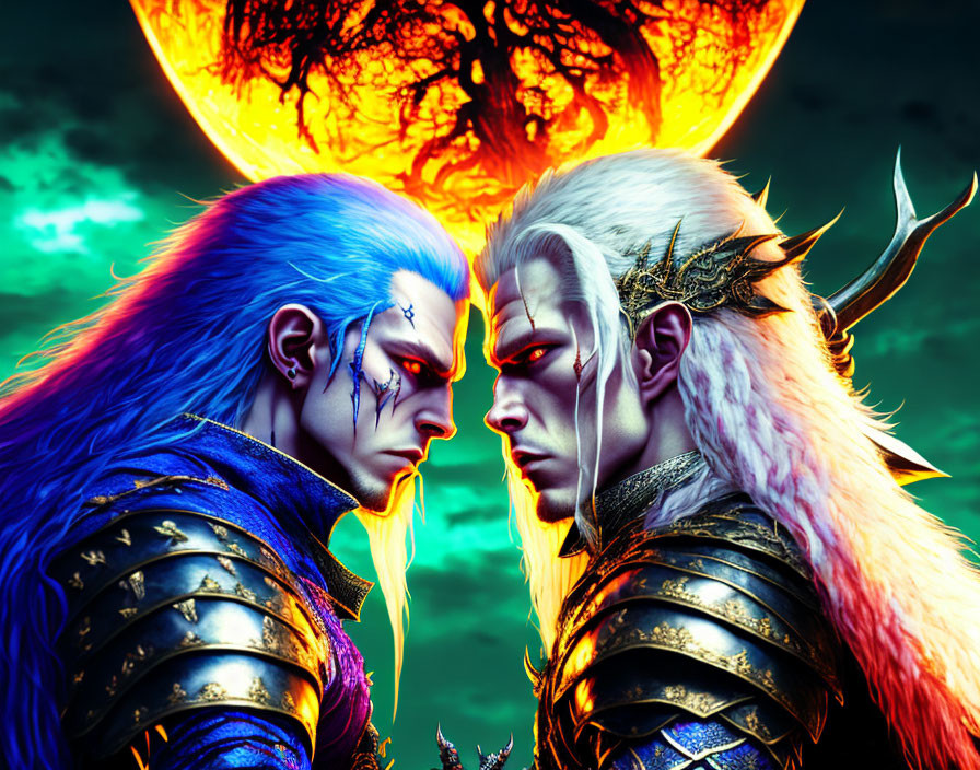 Fantasy characters with blue and white skin in elaborate armor face off under a fiery moon