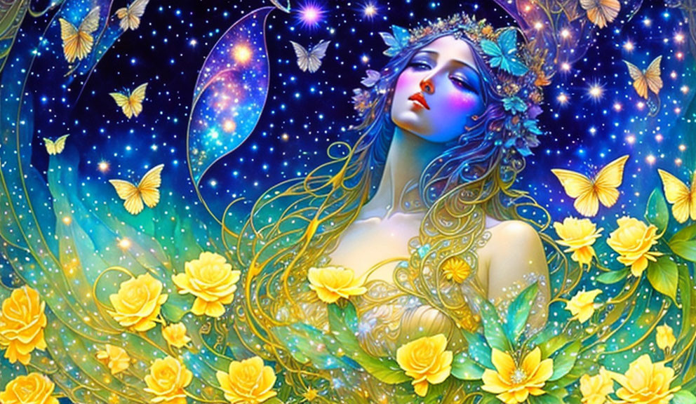 Ethereal woman with flower crown and cosmic elements