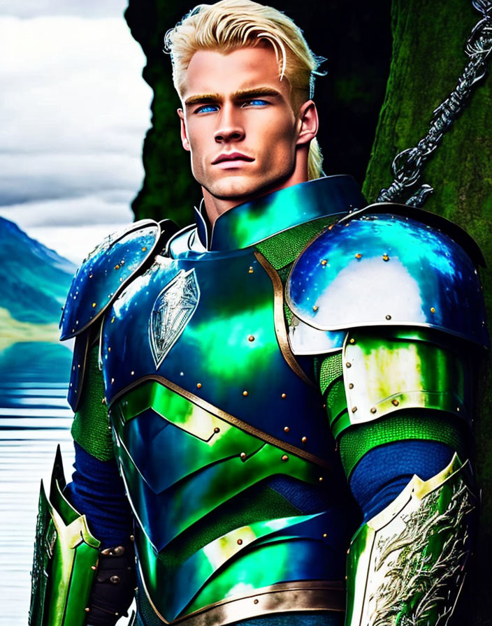 Blond knight in green and silver armor against mountainous backdrop