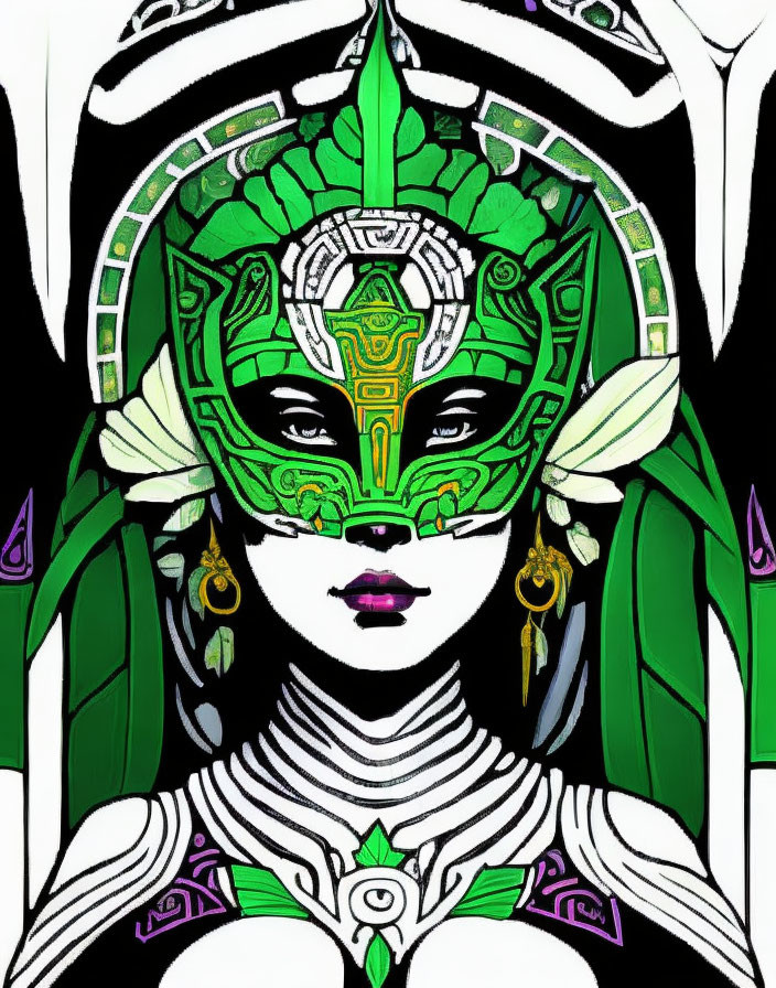 Symmetrical stylized person illustration in green and gold headdress