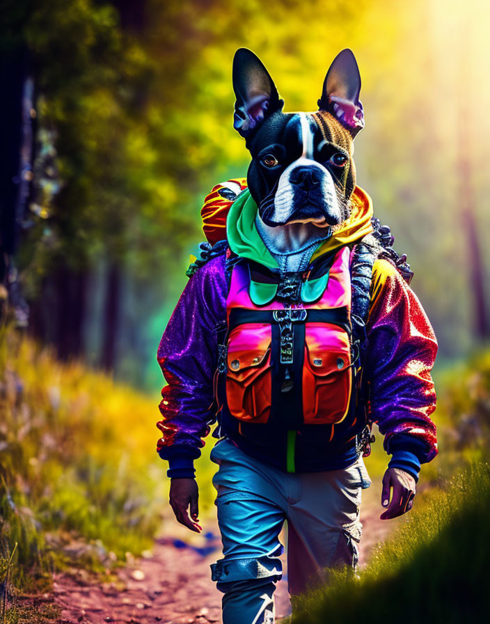 Dog with human body in colorful outdoor gear walking in forest trail