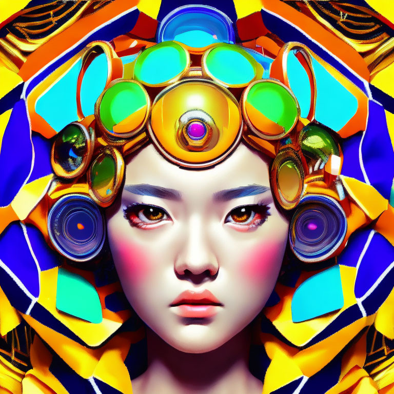Colorful digital artwork of woman's face with futuristic headpiece