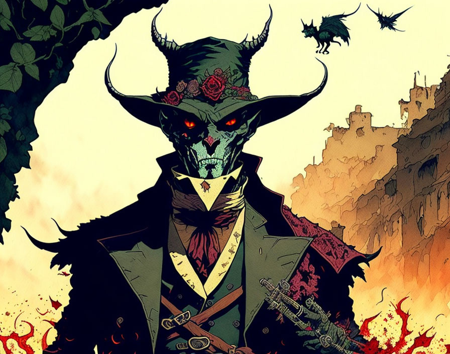 Illustration of demonic cowboy with bull's head, suit, revolver, fiery background, bats.