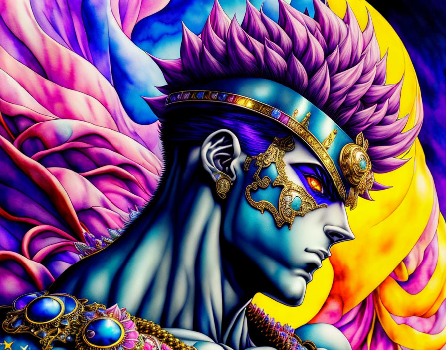 Colorful artwork featuring character with purple spiky hair, gold crown, and elaborate golden mask.