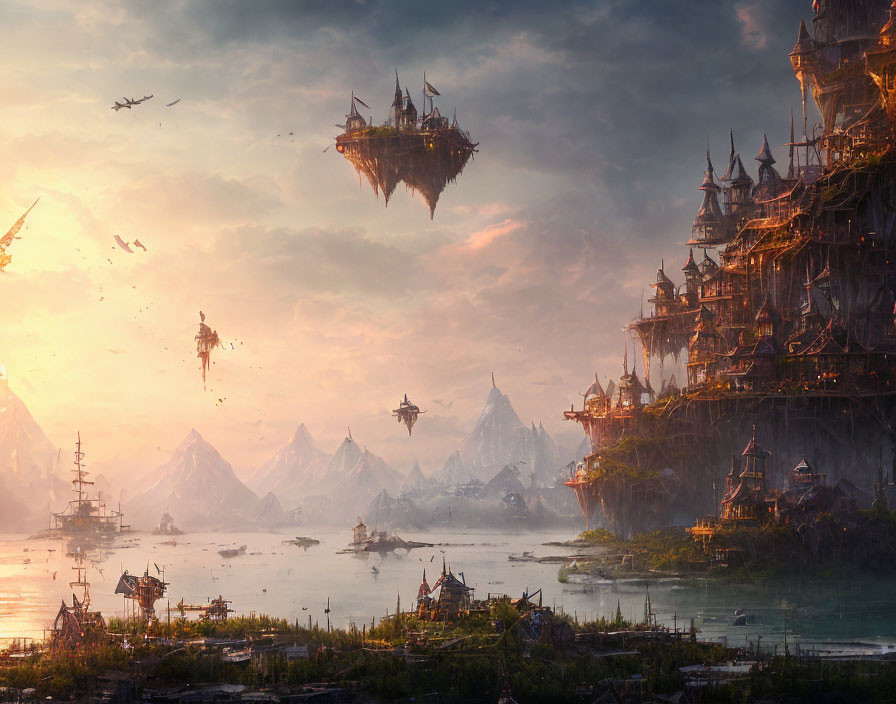 Fantastical floating islands with castles, airships, serene bay, and sunset mountains.