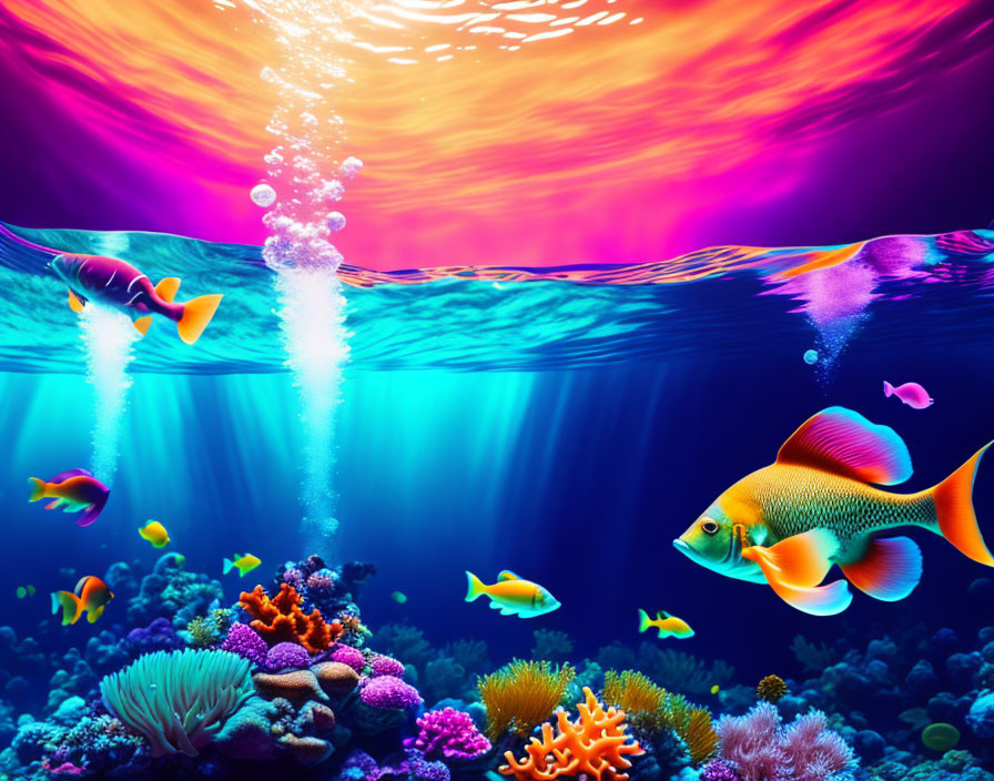 Colorful Fish, Coral Reefs, Bubbles in Vibrant Underwater Scene