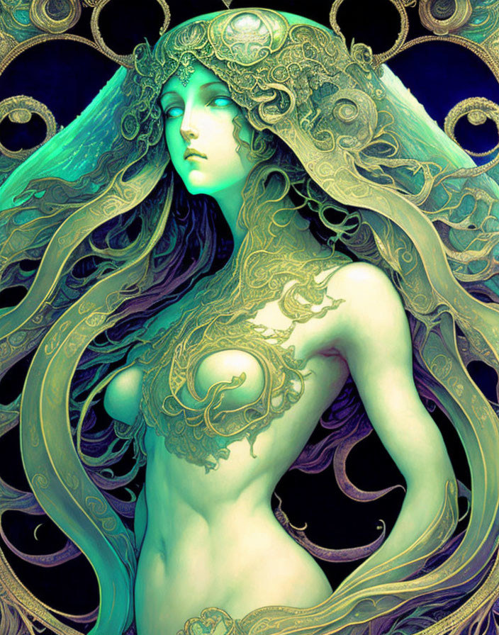 Illustration: Mystical woman with ornate headpieces in green tones