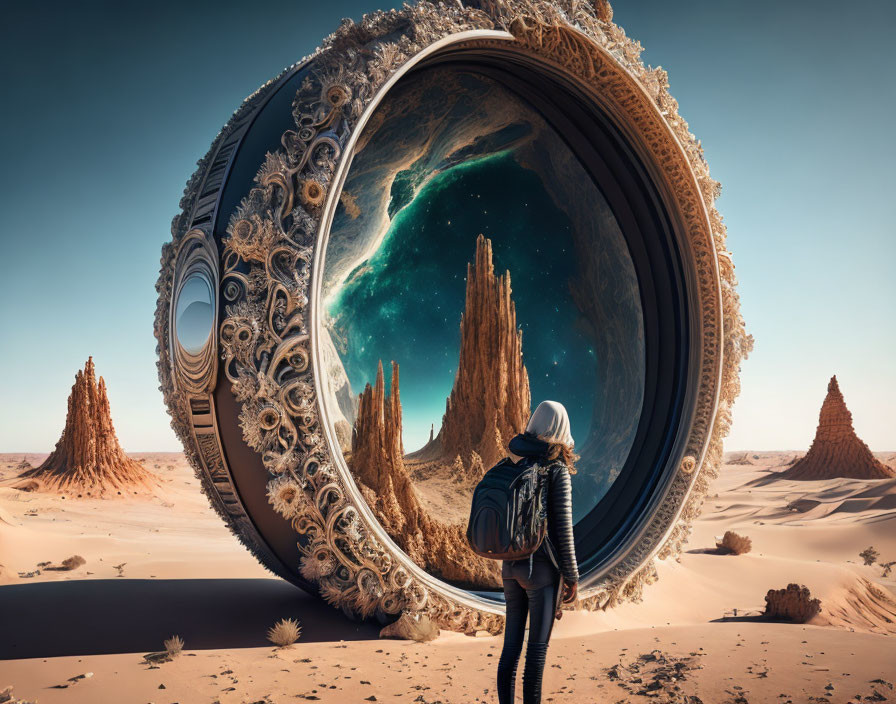 Circular Portal Revealing Cosmic Vista in Desert Landscape
