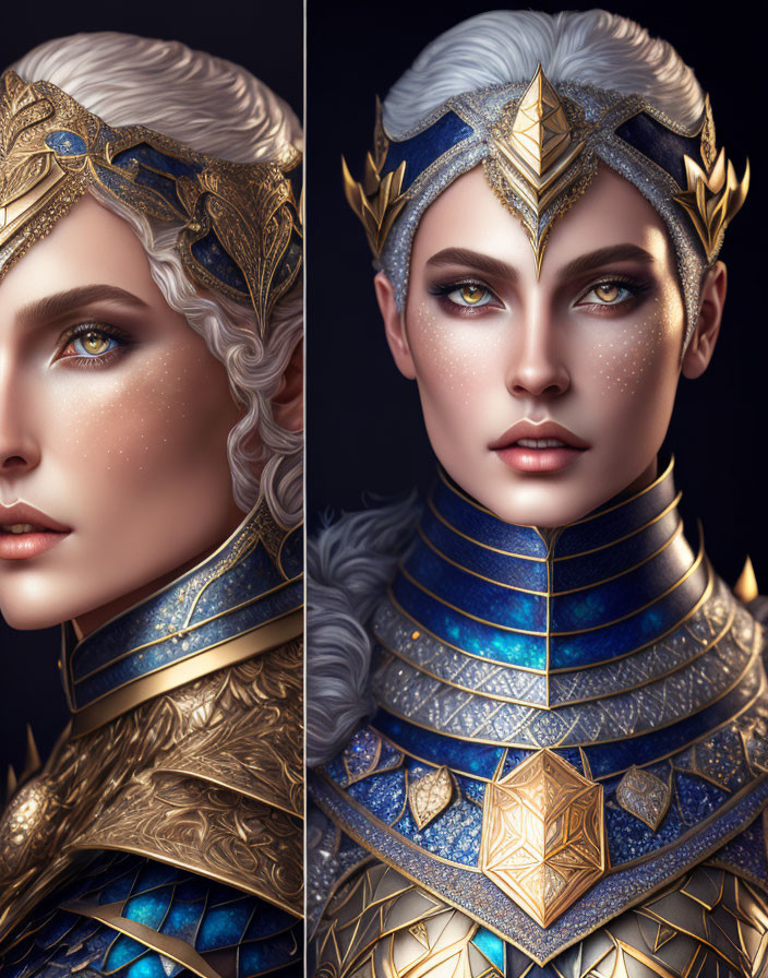 Fantasy characters in silver and gold armor with blue eyes and headpieces