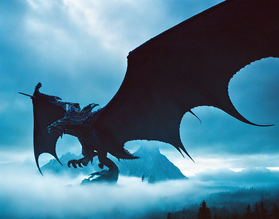 Majestic dragon on misty mountain with outstretched wings