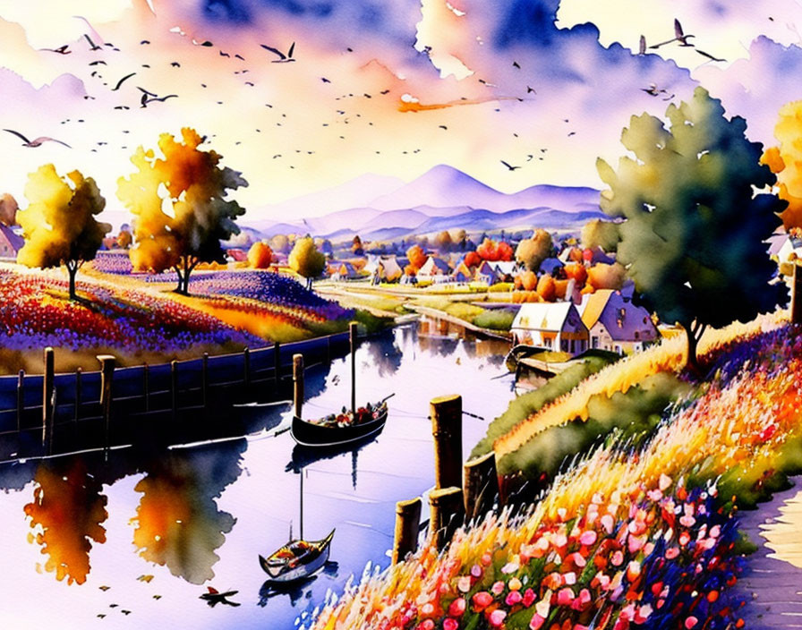 Colorful watercolor landscape with boat on tranquil river, vibrant foliage, quaint house, and birds in