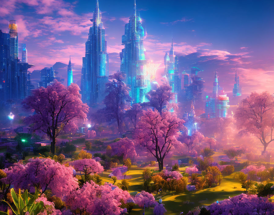 Futuristic cityscape with luminous skyscrapers and cherry blossom trees at dusk