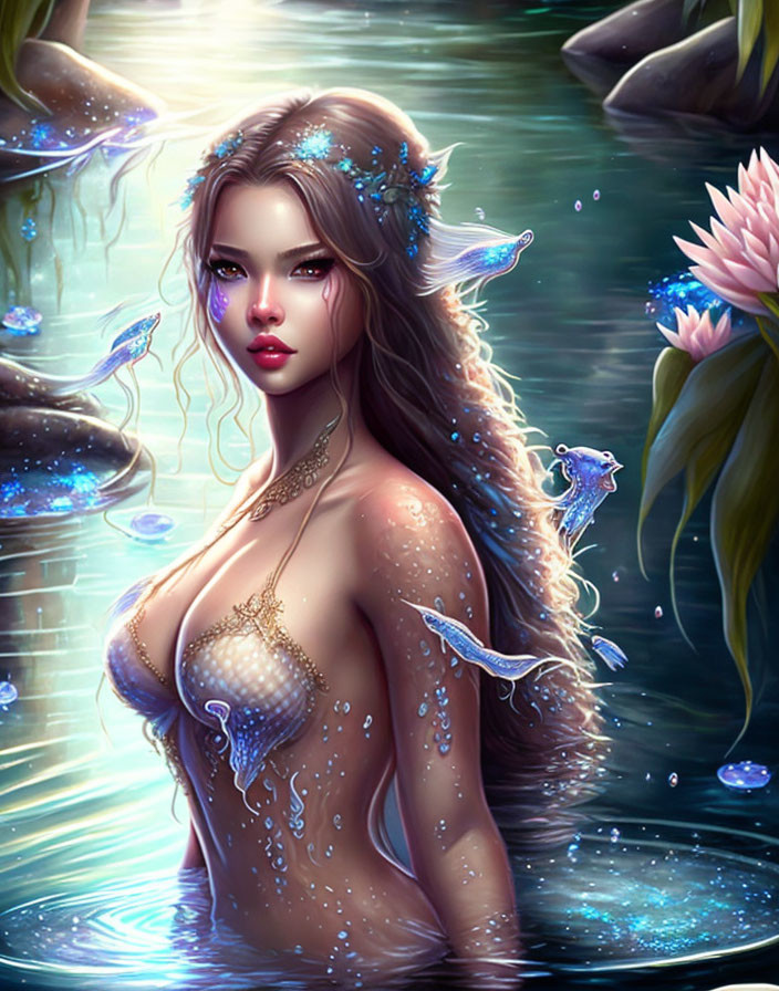 Mystical female figure surrounded by glowing fish and lotus flowers in ethereal water environment