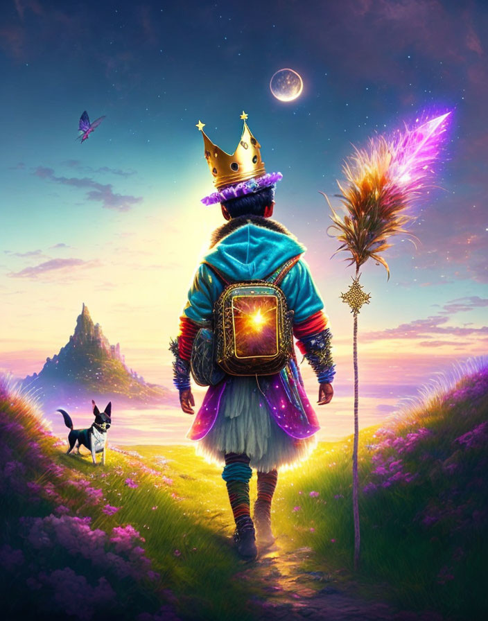 Child in Crown and Costume with Glowing Staff and Dog in Magical Landscape