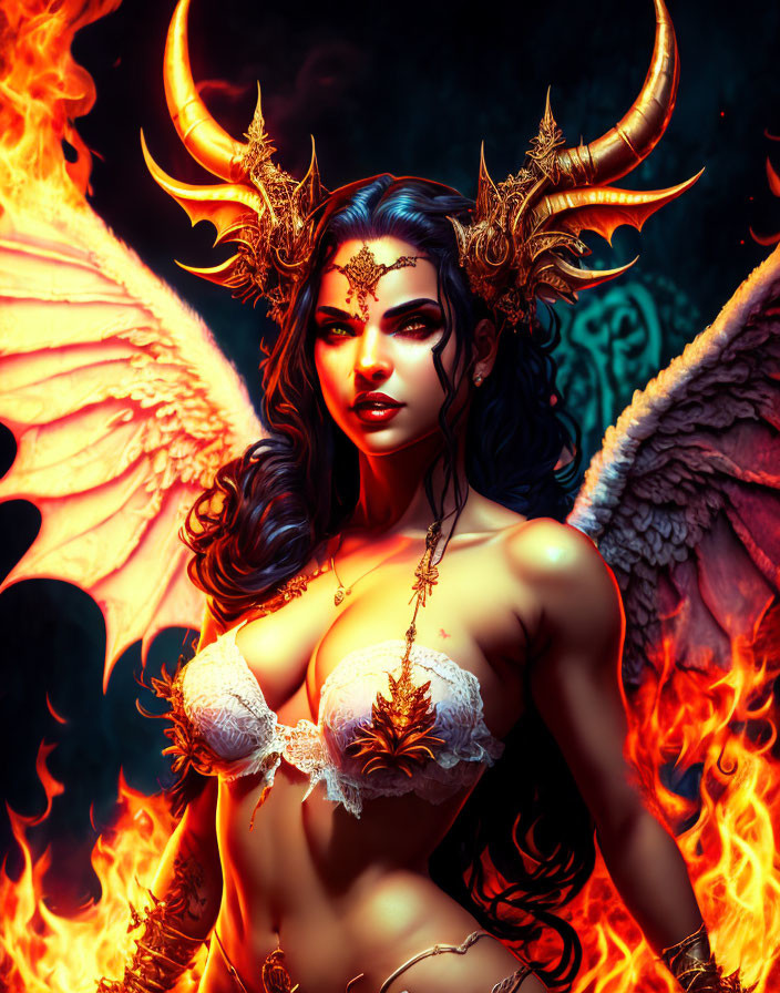 Illustration of woman with horns, dark hair, wings, in fiery mystical setting