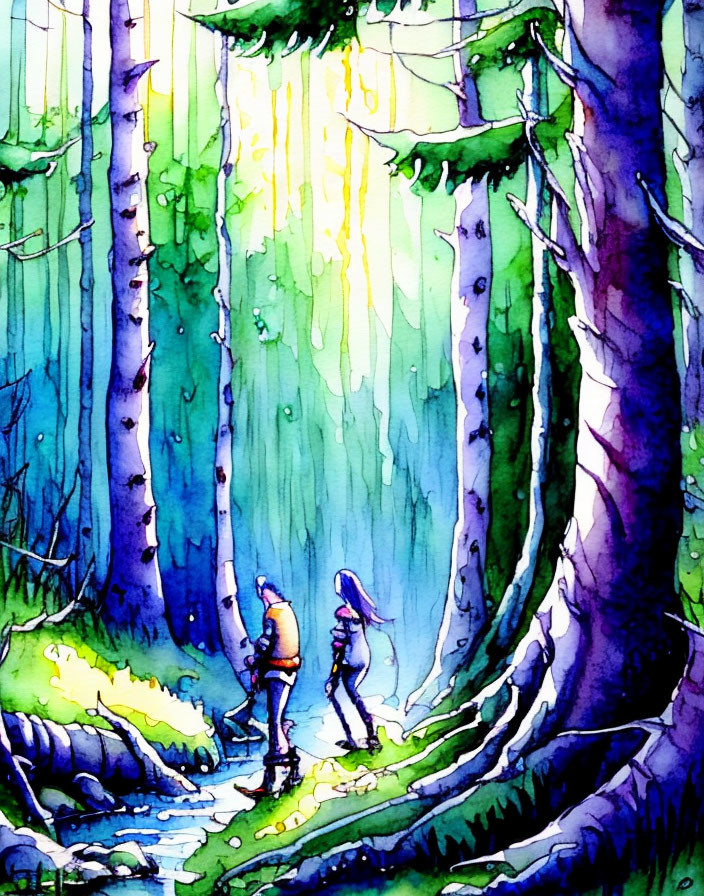 Hiking scene in vibrant watercolor forest setting