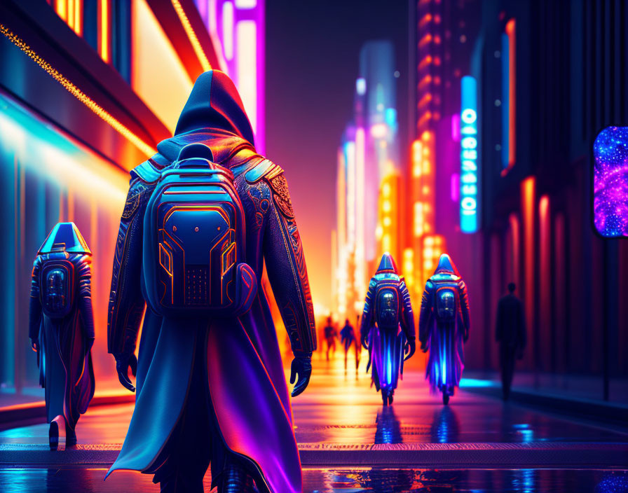 Futuristic armored figures in neon-lit cyberpunk cityscape