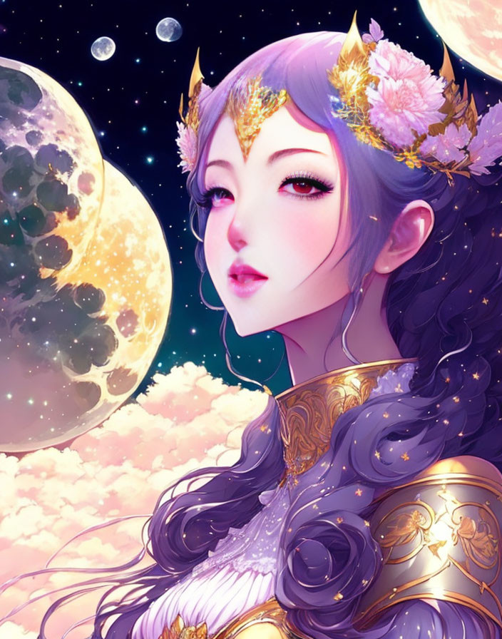 Fantasy character with purple hair and armor in cosmic setting