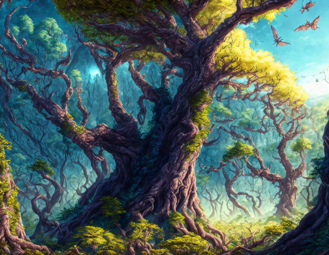 Majestic ancient tree in enchanting forest scene