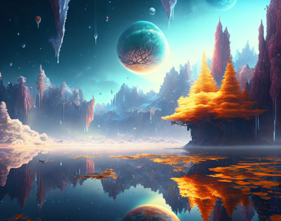 Surreal landscape: floating islands, orange trees, mirror-like water, multiple planets.