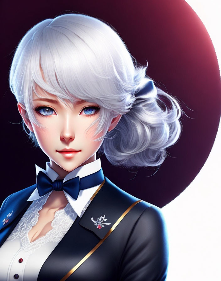 Stylized female character with silver hair in dark suit and hat