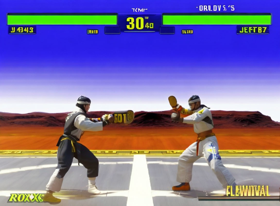 Virtual characters in martial arts attire face off in colorful fighting game setting